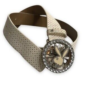 Vintage Playboy Y2K Bunny Spinner Rhinestone Enamel Buckle Bling Belt Off White